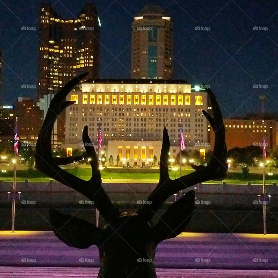 Deer statue downtown Columbus, Ohio. Overlooking river.