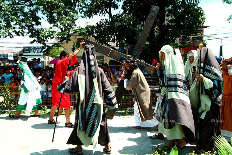 catholic devotees reenact the death of jesus christ on good friday during holy week in cainta, rizal, philippines, asia