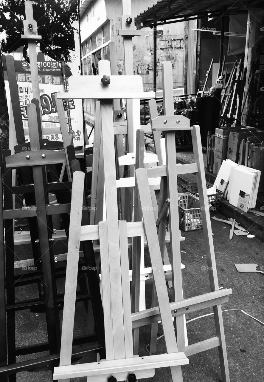 Artists Easels at Dafen Oil Painting Village in Shenzhen, China