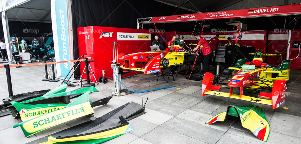 Frumula E, car race Electric race car, Beijing ,China, Olympic Park, , Team ABT, german team Box, Mechanics