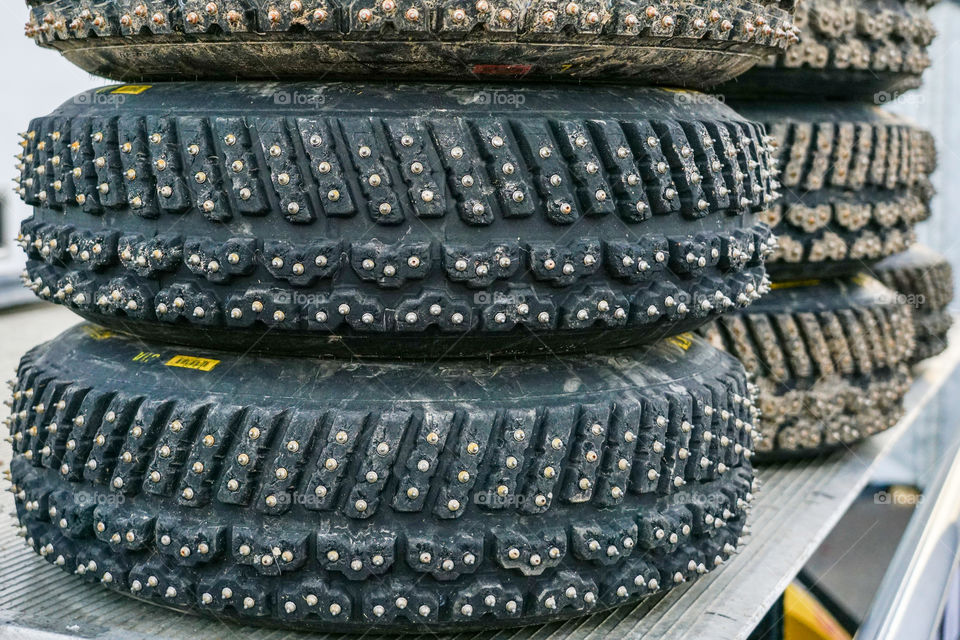 group of studded snow tires for rally for use only in winter rally stages