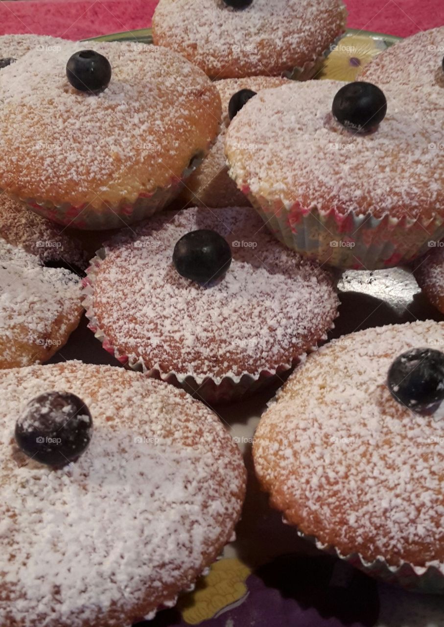 Homemade Fairy Cakes - Blueberry cupcakes with icing sugar dusting