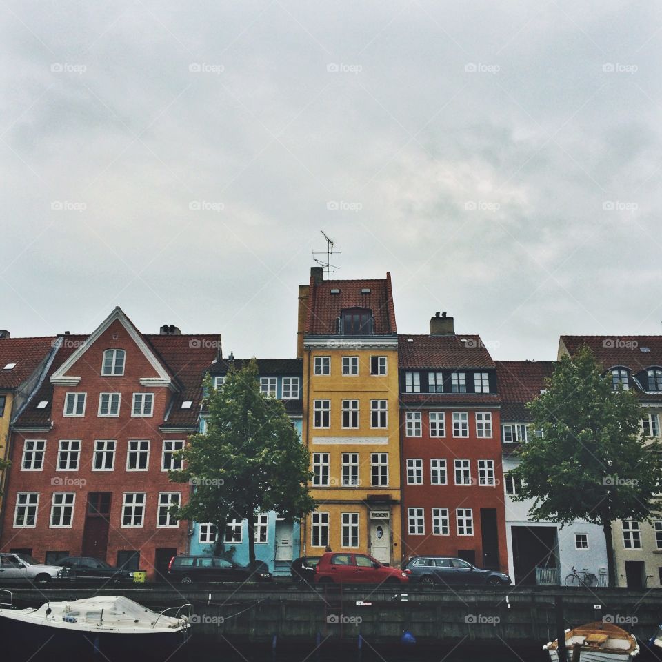 Copenhagen street with canal in foreground 