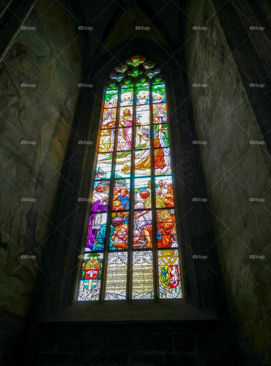 Stained glass window in Saint Barbara's Church, Kutna Hora, Czech Republic