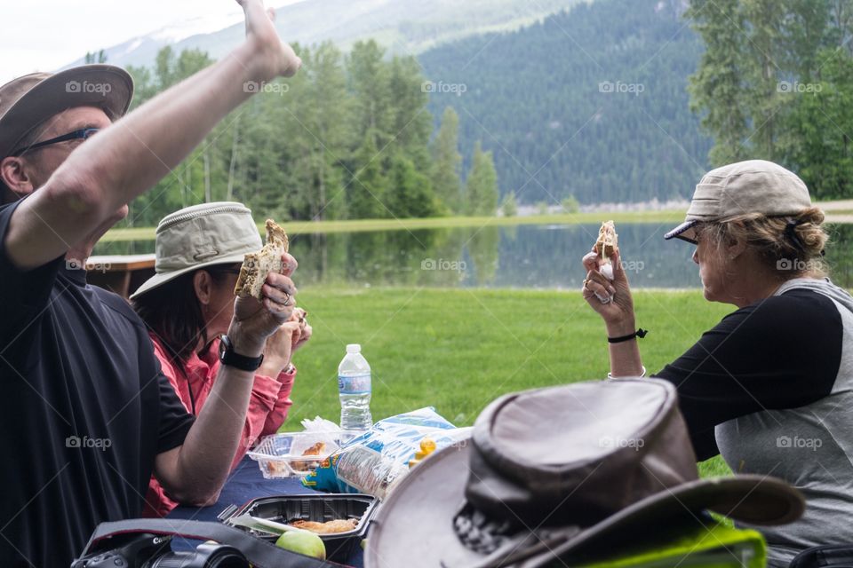 Picnic at an alpine lake in The Rocky Mountains in Alberta Canada