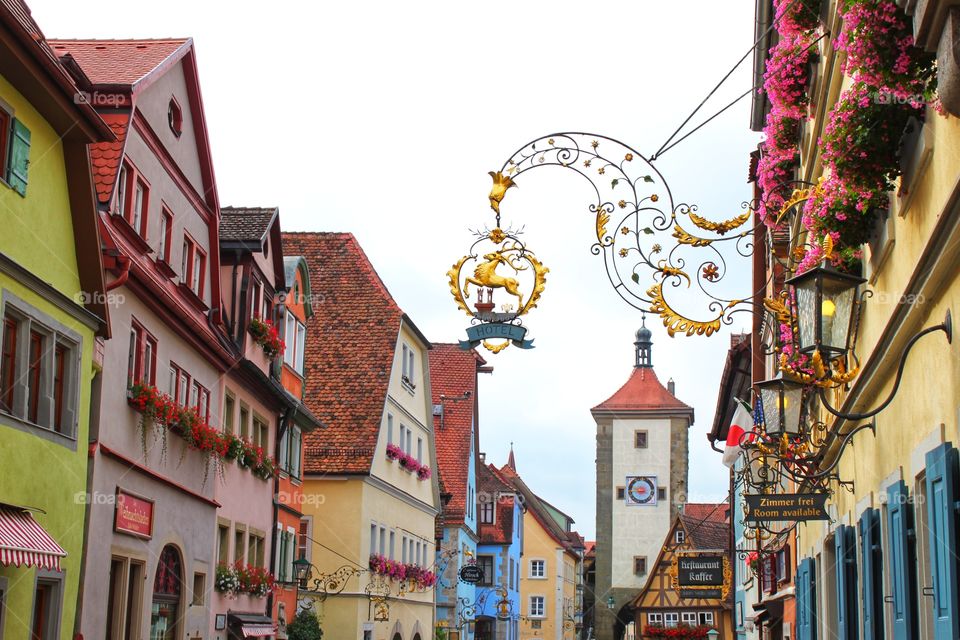 beautiful street with colorful little old houses in Europe
