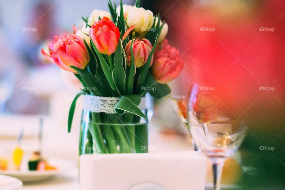 Floral composition on tables on a wedding reception 