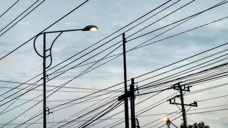 Electric cables and street lights in the morning scene in low angle view