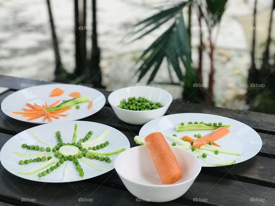 Creative vegetable craft  coconut tree and sun for kids.