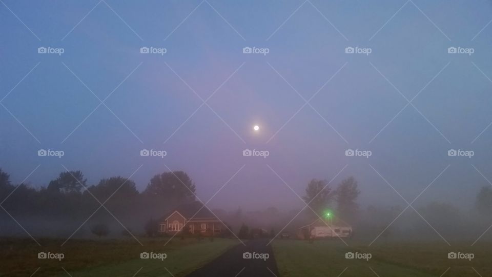 Misty sunrise, moon set