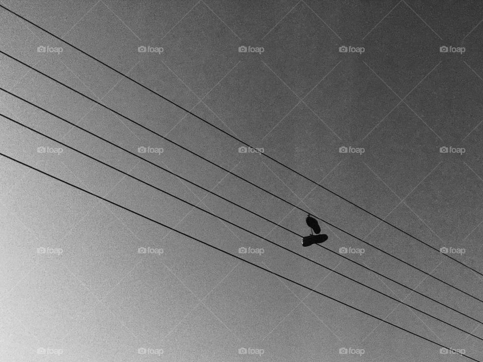 Low angle view of shoes hanging on cable