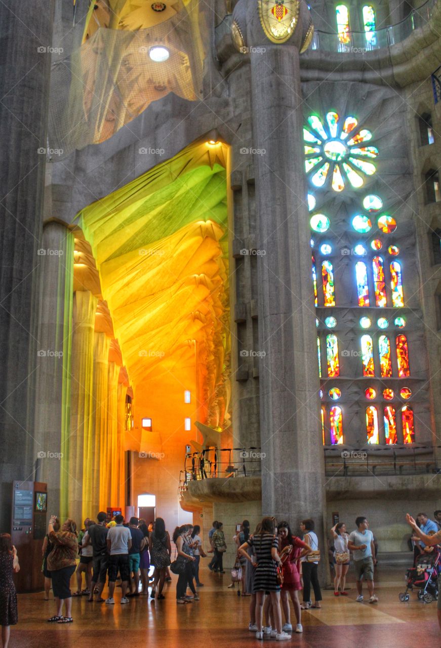 Rainbow coloured light inside the Sagrada Familia