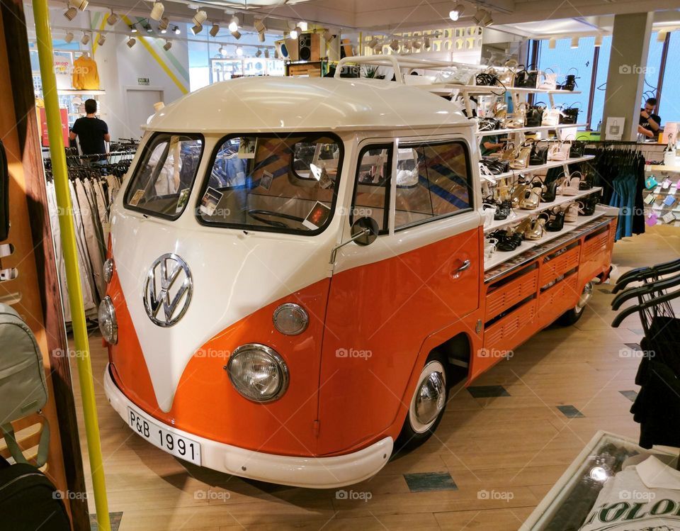 Closeup shot of old timer vintage car orange volkswagen van