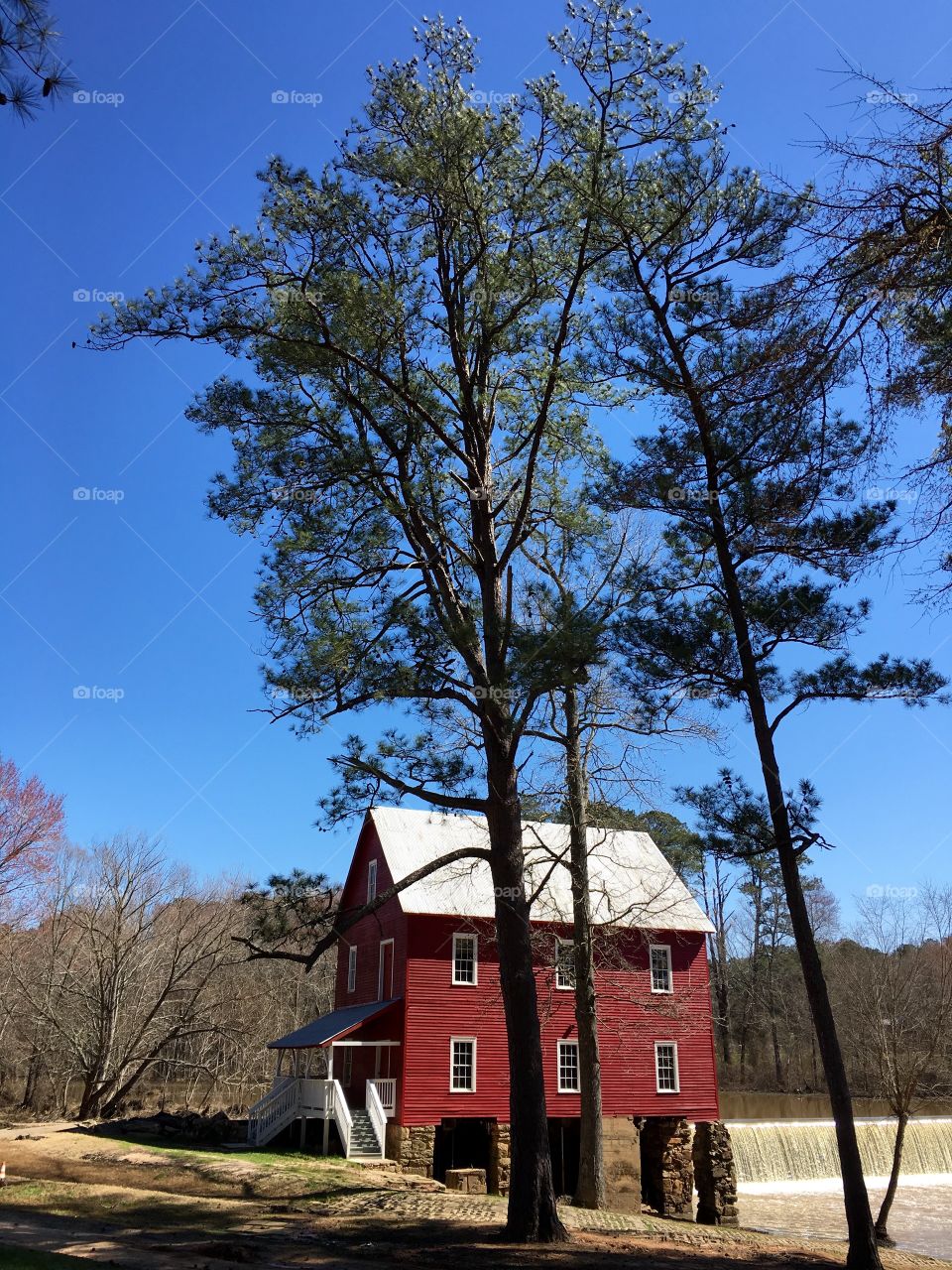 Red mill and waterfall