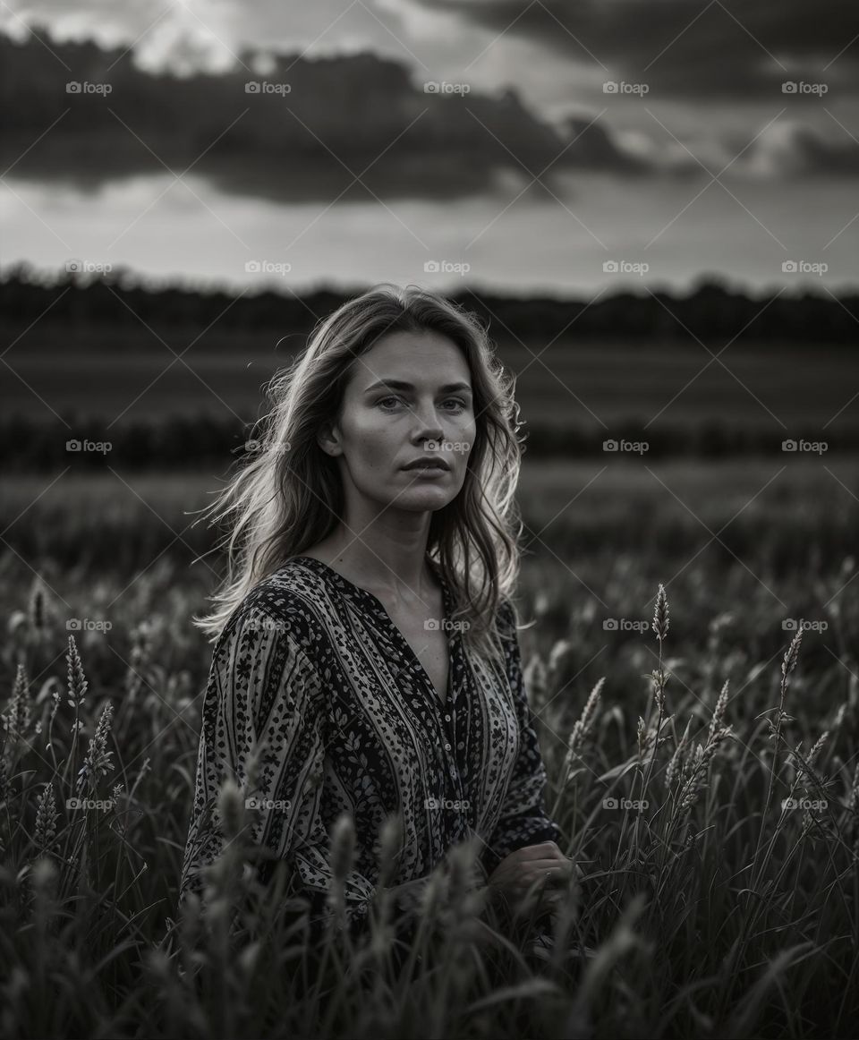 Black and white Photography of a woman standing in a field of tall grass