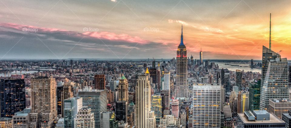 Upper Manhattan from the top of the Rockefeller tower at sunset 