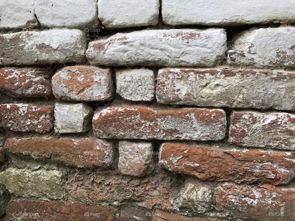 Bricks that are painted in white and orange paying are making one whole wall.