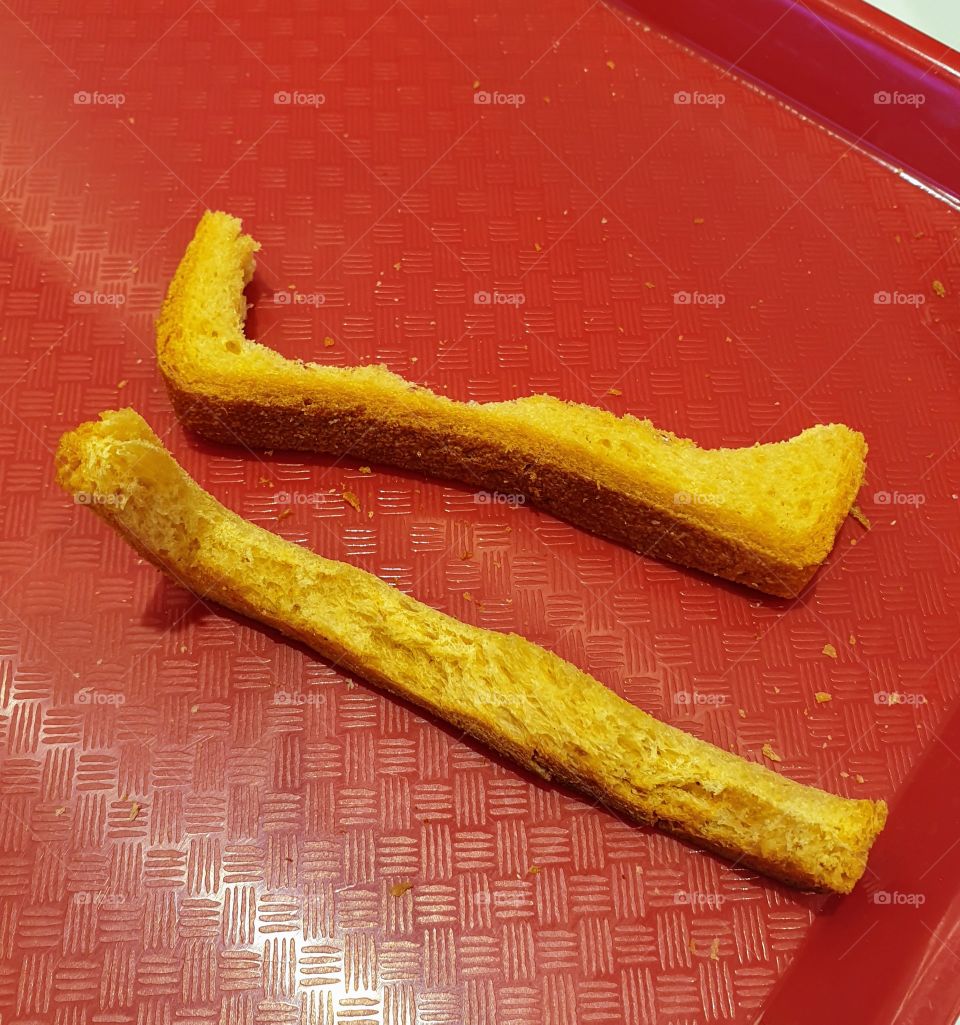Bread crusts on the tray