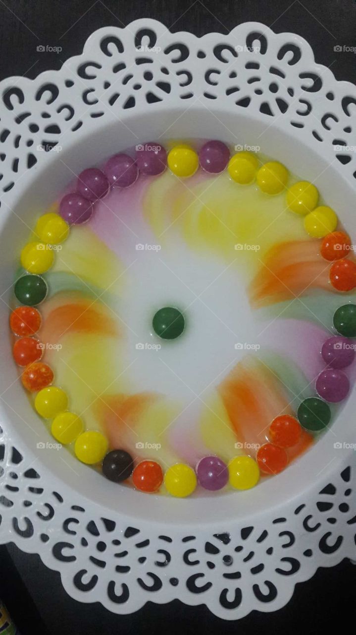 Dish of candies with water made a beautiful colors