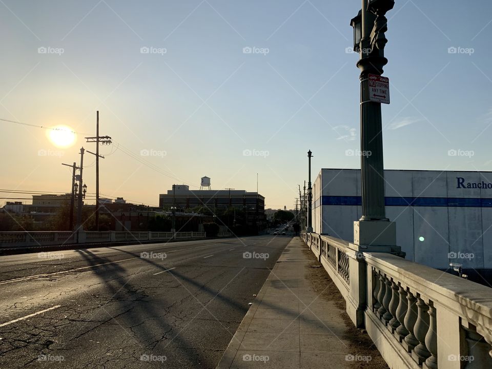 View looking west from the Seventh Street Bridge near the Arts District in Los Angeles, California 