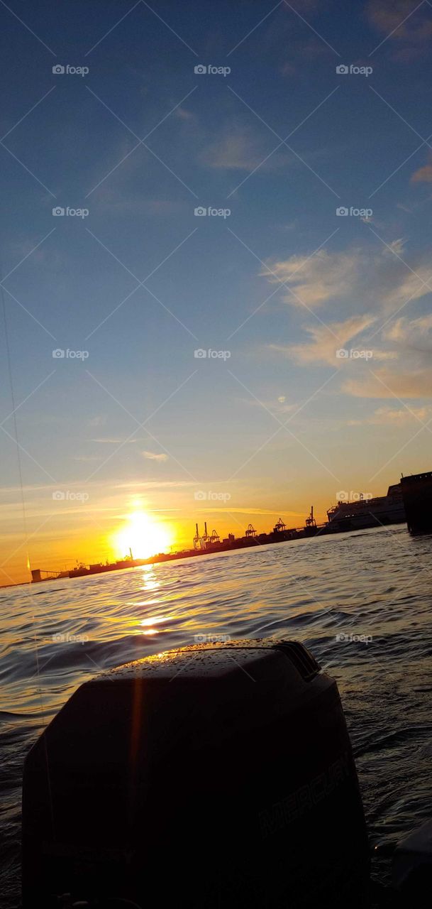 Sunset view from the boat .Out in the ocean