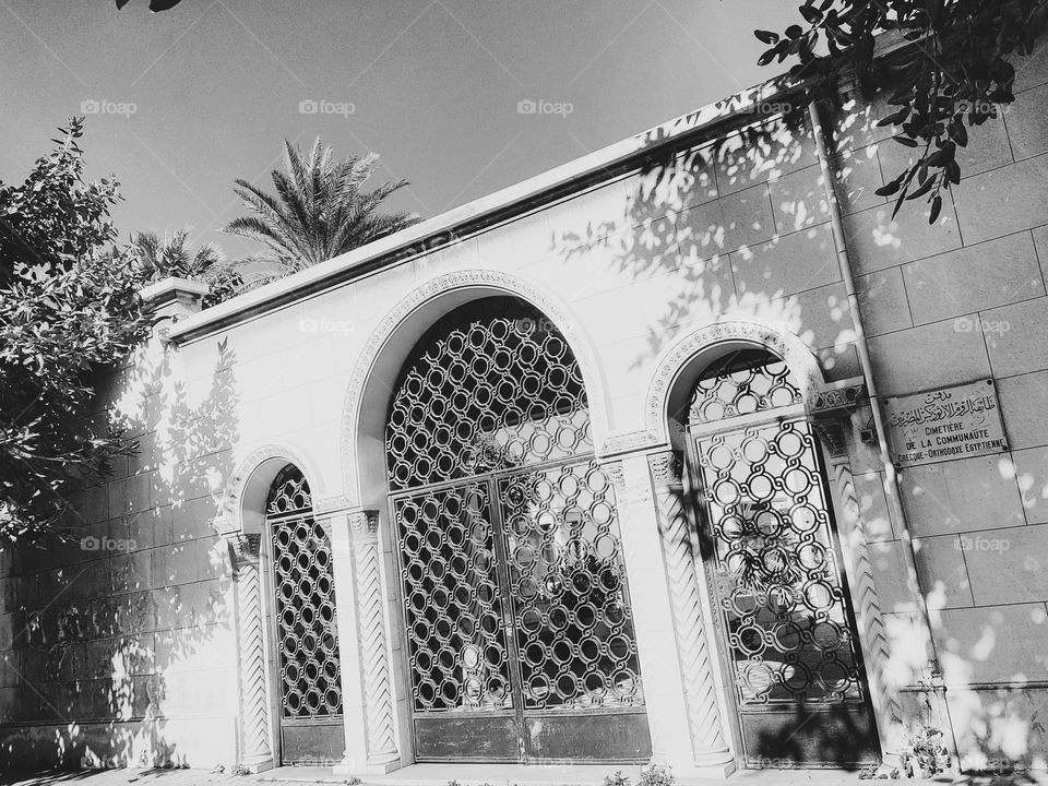 Black and white Orthodox cemeteries gate