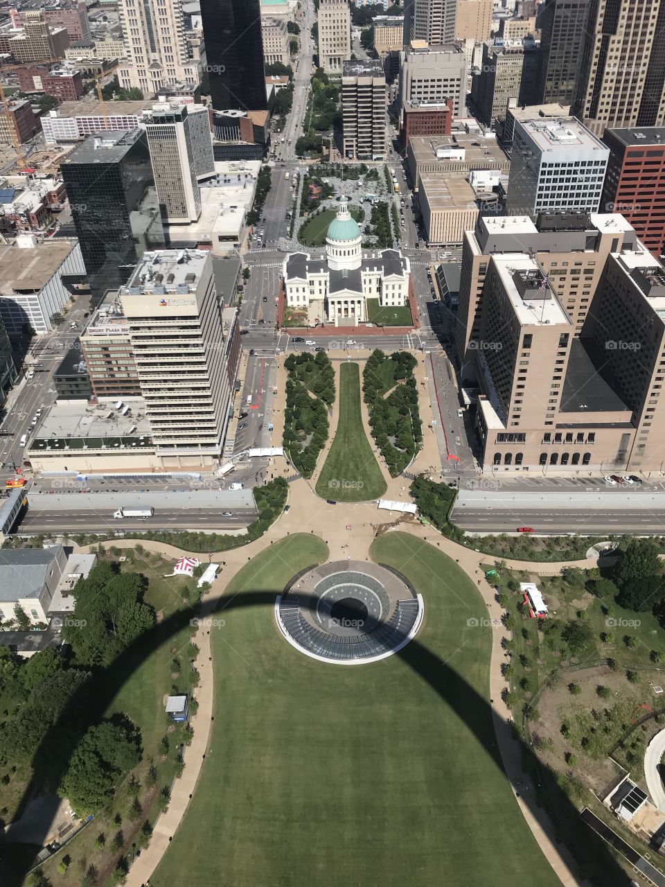 The Old Courthouse in St. Louis, from atop the Gateway Arch monument, with a shadow of the Arch in the foreground