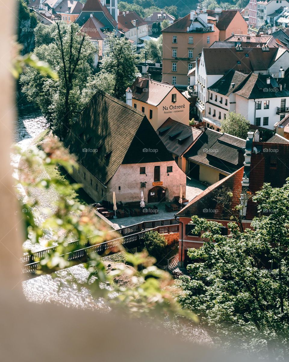 Looking down on a bridge and building 