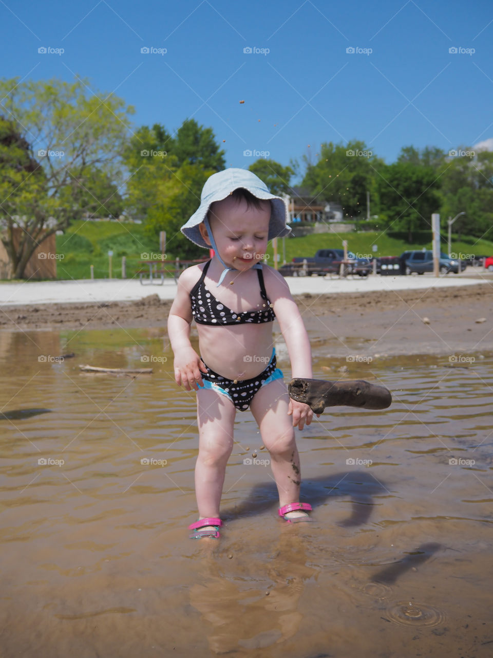 Toddler girl throwing a stick into the water.