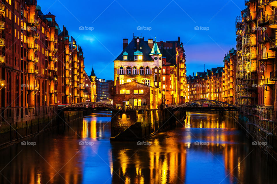 Night view of Speicherstadt in Hamburg, Germany