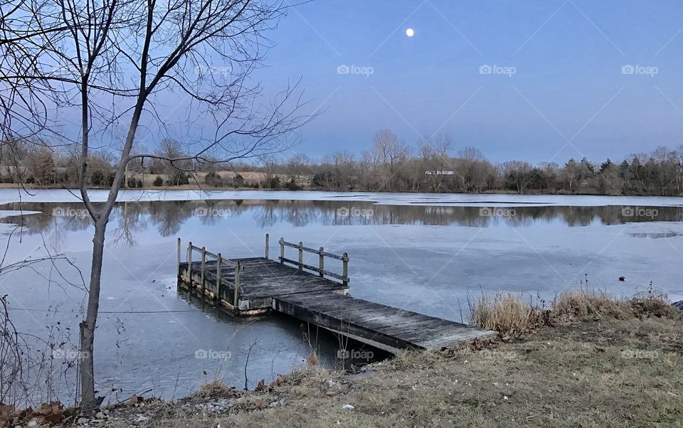 Winter Story, cold, winter, rural, dock, frozen, ice, wood, wooden, lake, sky, shore, thin ice, pond, water, melting, trees, tree line, clouds, blue, brown, old