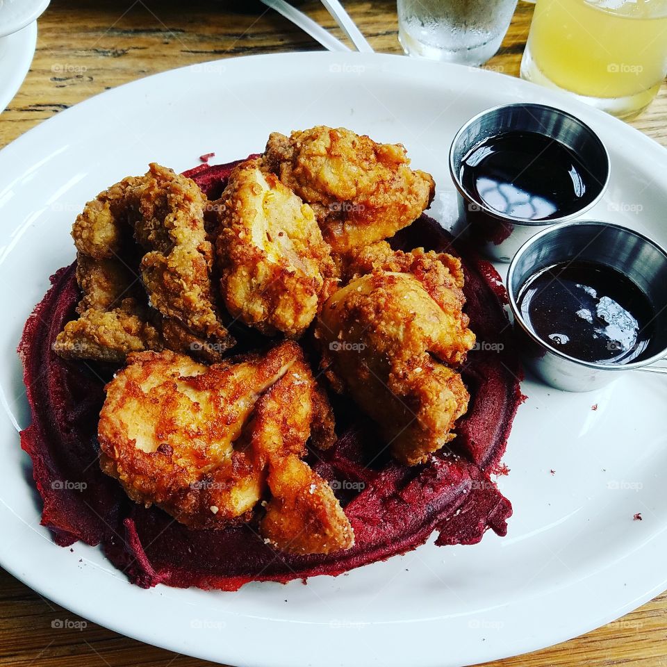 chicken and res velvet waffles