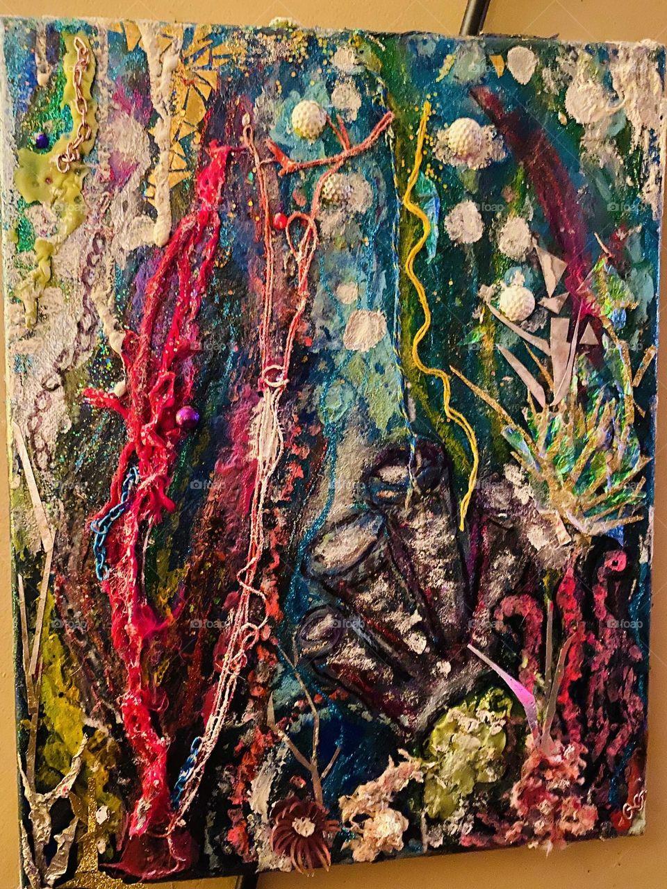 Handmade art, garbage into art, ocean depiction 