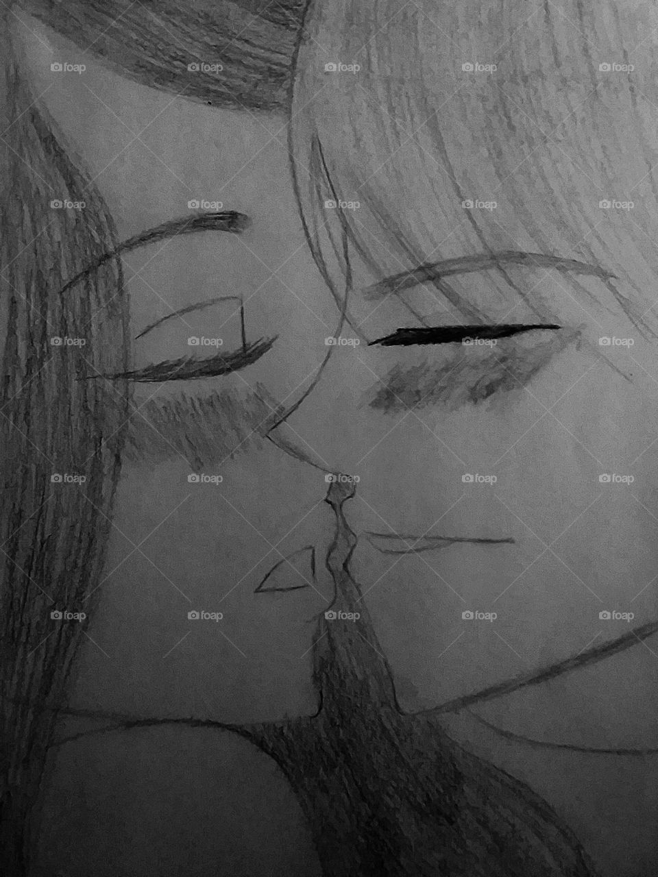 gorgeous and emotional handrawn anime image of a young boy and girl mid-kiss in greyscale