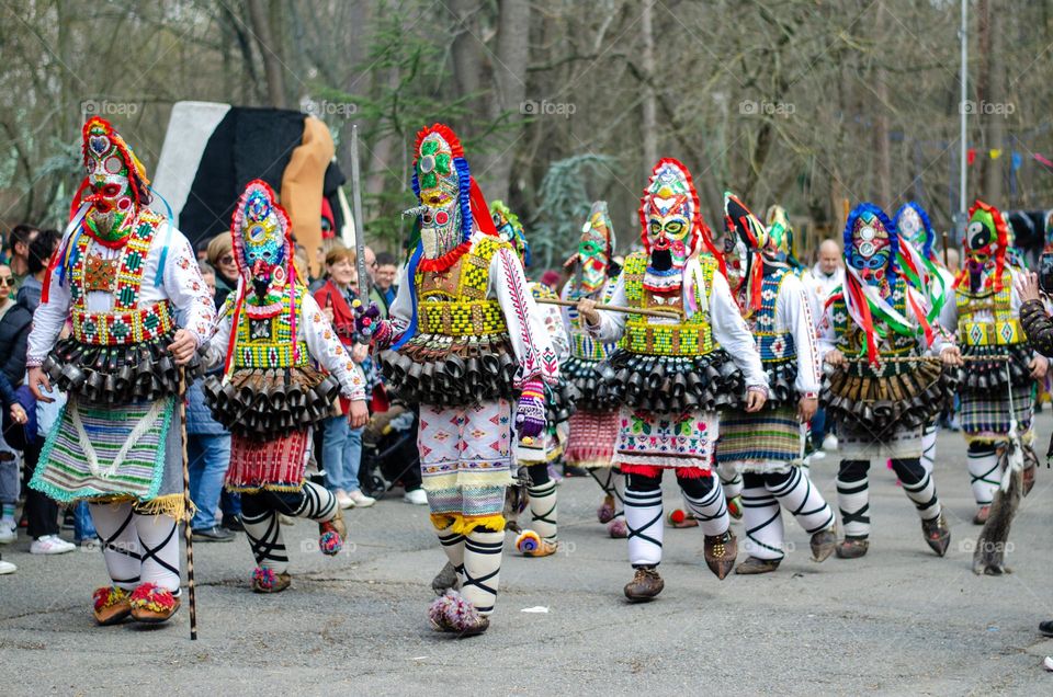 Kukeri Dance. Kukeri are elaborately costumed Bulgarian Men, who Perform Traditional Rituals Intended to Scare Away Evil Spirits