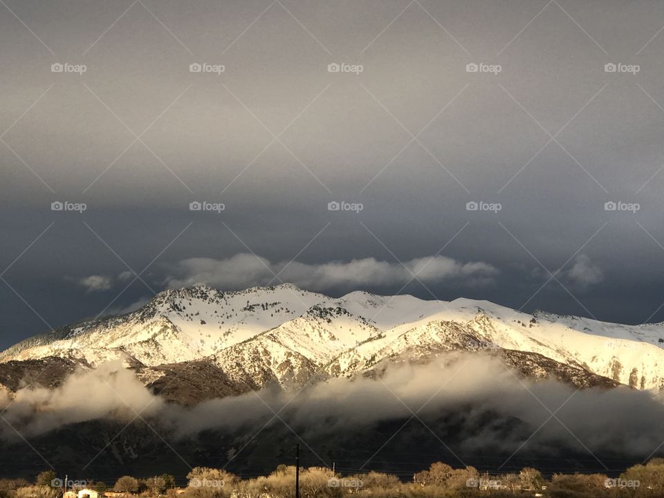 View of snowy mountain in sunset