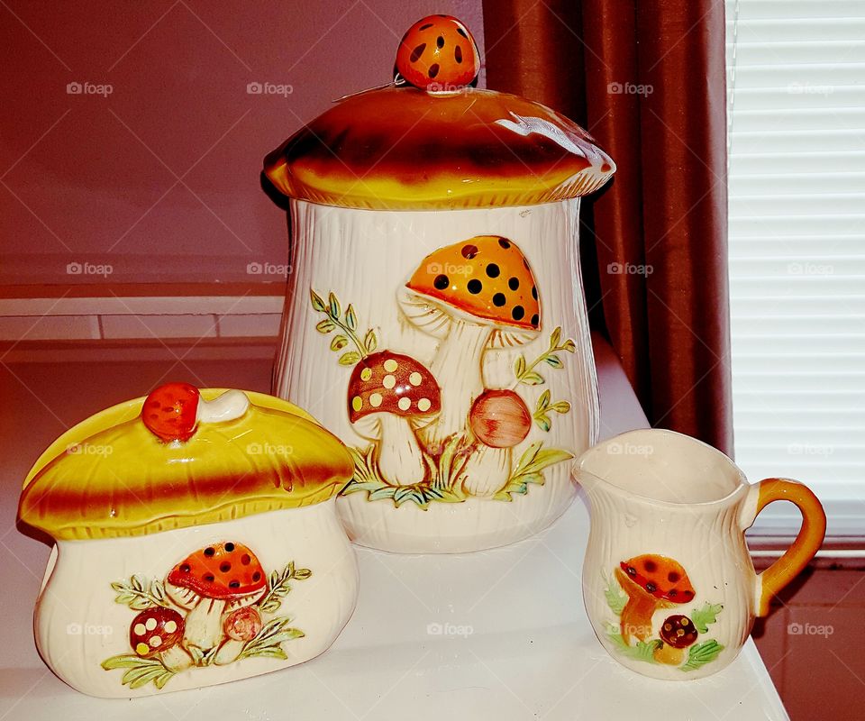 1970s cookie jar napkin holder and cup with mushrooms on it in the shape of a mushroom vintage