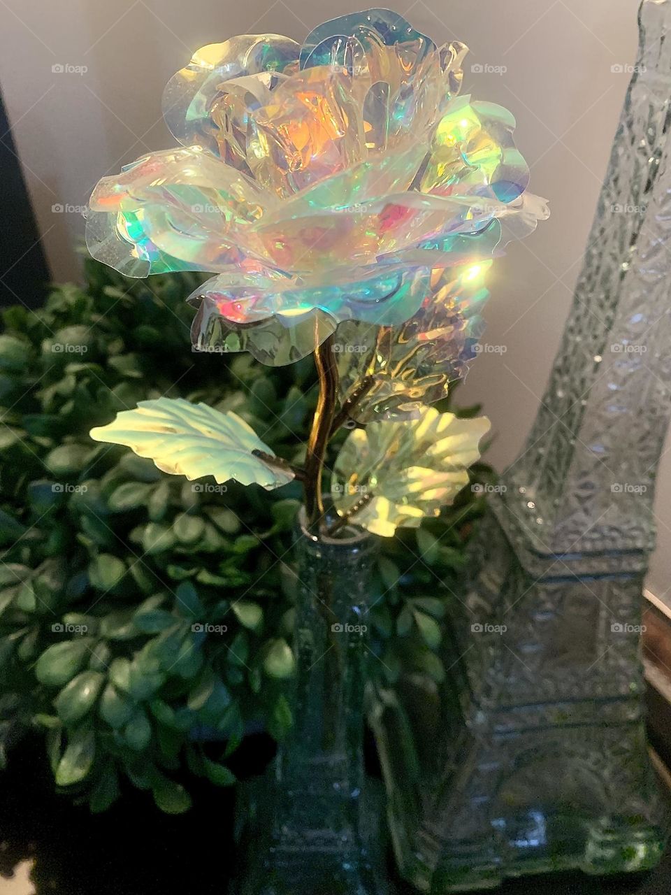 Iridescent rose in Eiffel Tower vase