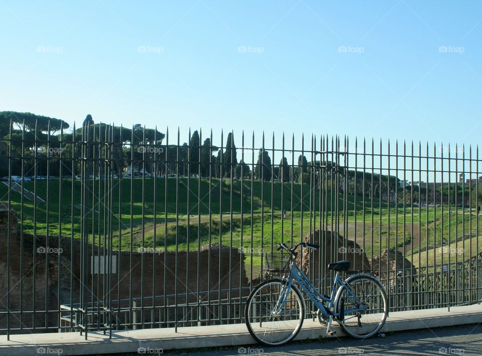A bicycle on a railing, on the background the green lawns of Circus Maximus.
