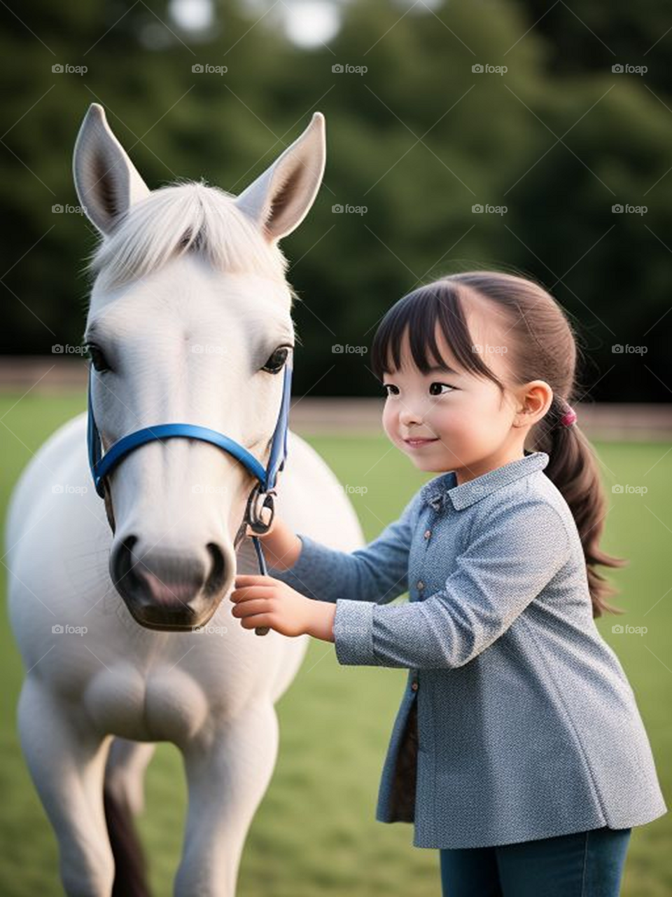 Cute baby girl playing with beautiful white horse