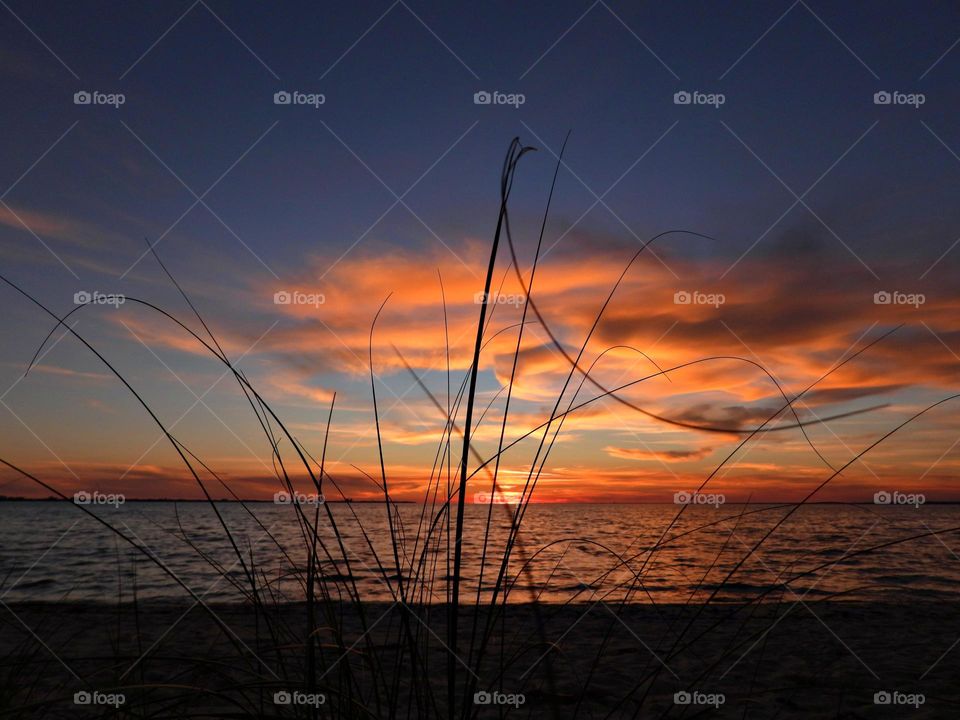 A Breathtaking descending sunset with picturesque peach colored Lenticular clouds over the Gulf of Mexico