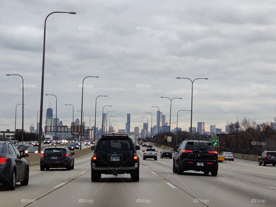 Driving to the windy city Chicago by car on the toll road