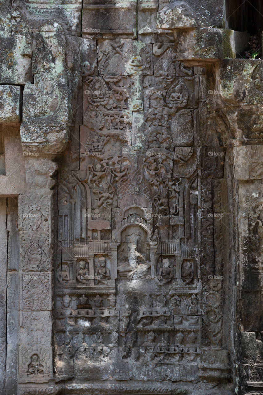 Carving inside Ta Prohm temple in Siem reap Cambodia 