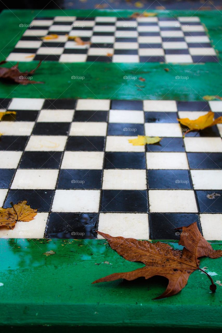 Abandoned wet chessboard with fallen autumn leaves.  Autumn scene