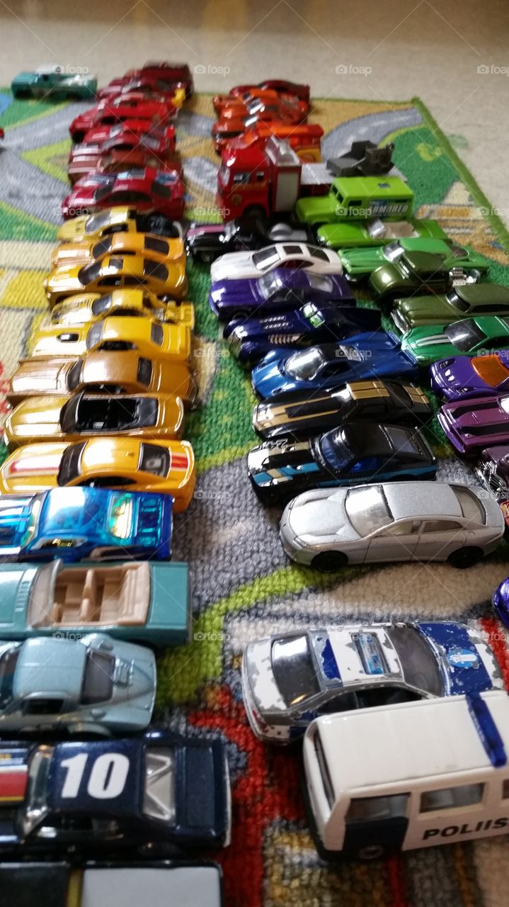 Toy cars in many colors