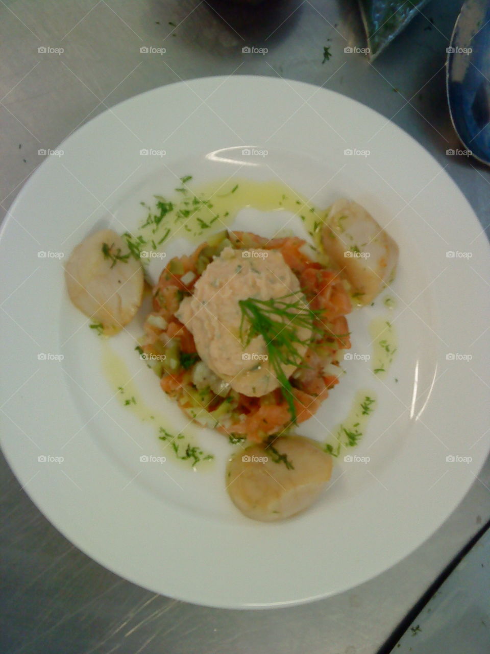 salmon mousse with salmon tartue and scallops