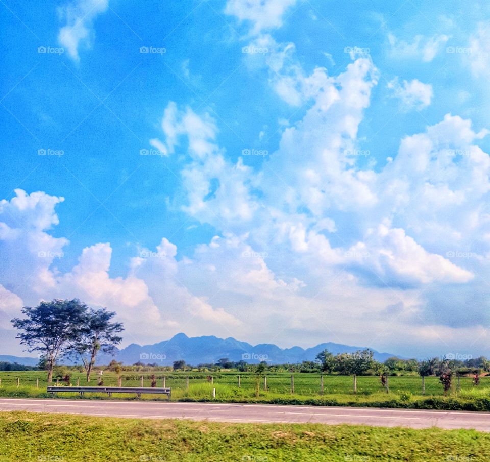Panoramic of the road with beautiful nature scenery. Bright blue sky and colorful