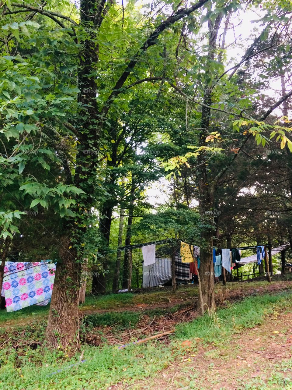 Clothing drying on a clothesline in the Tennessee mountains