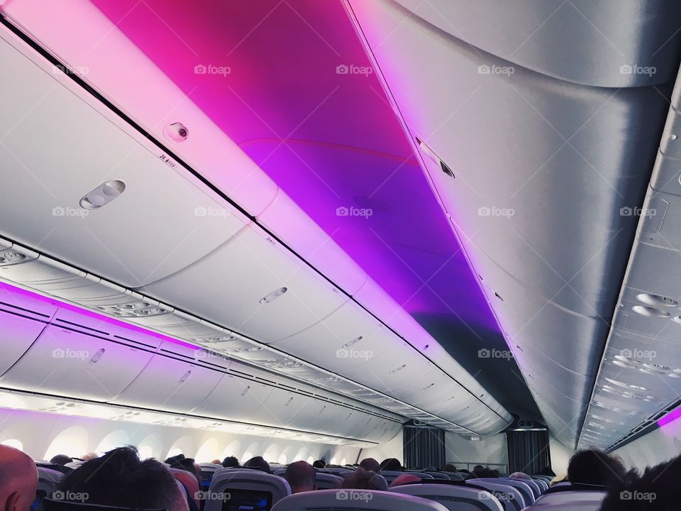 In flight airplane with mood lighting 