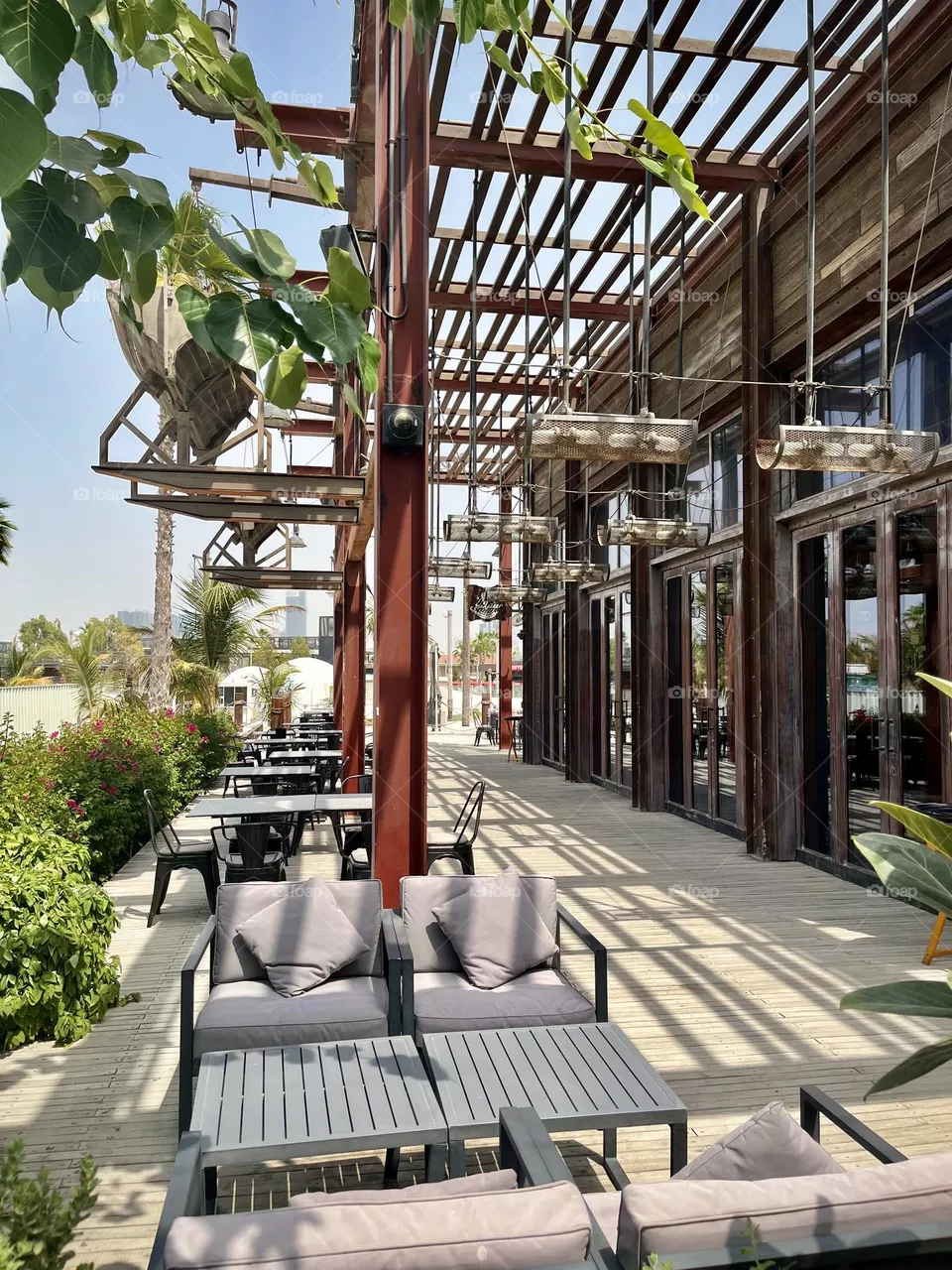 View of an outdoor terrace of a Dubai restaurant